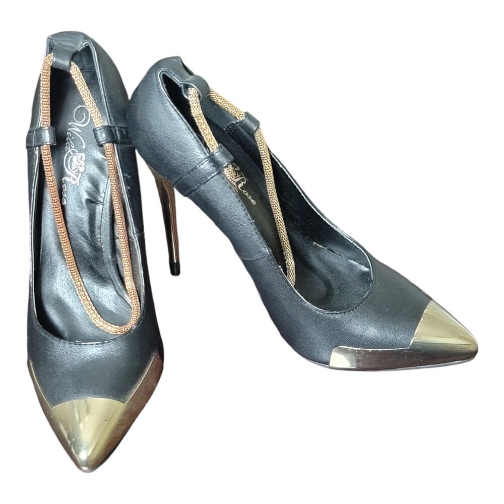 Wild Rose Chain Ankle Strap Metallic Pointy Toe and Heel Pumps Stiletto Heels
